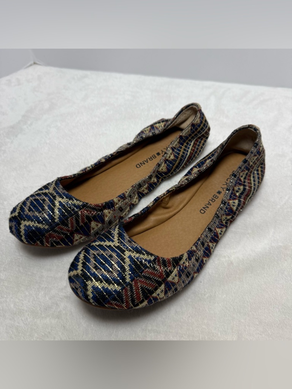 Lucky Brand Navy, Gold & Maroon Patterned Ballet Flats